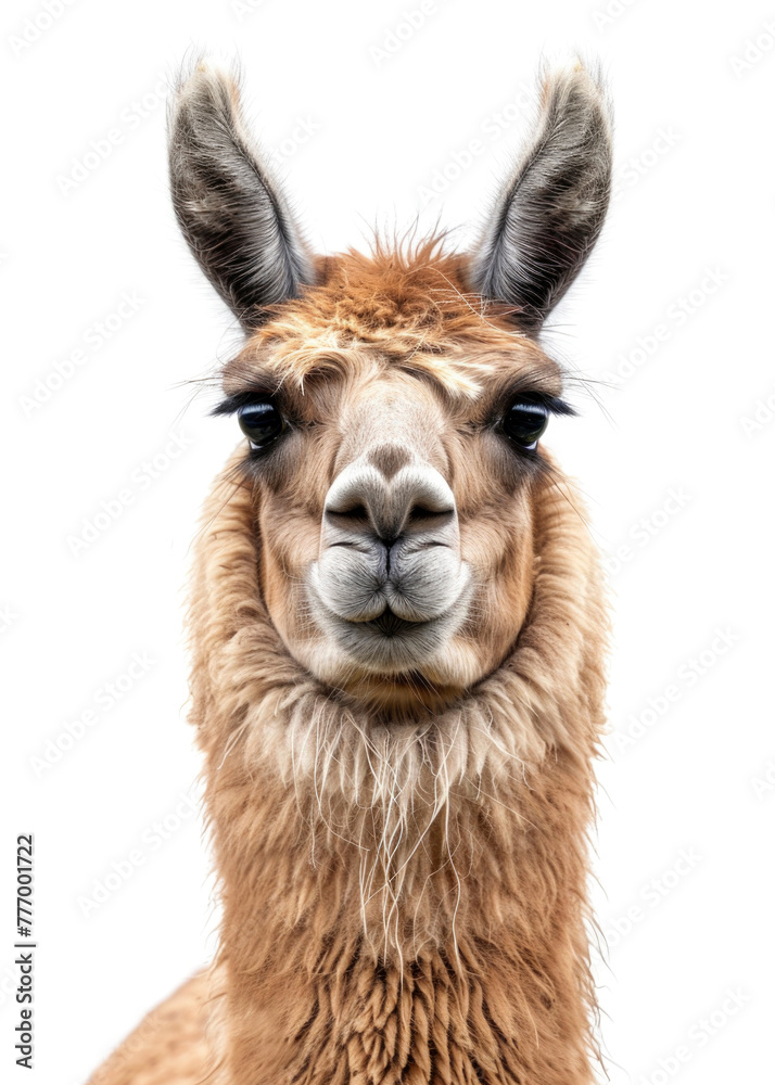 Fototapeta premium Front view of headshot of cute llama having brown fur, isolated white background
