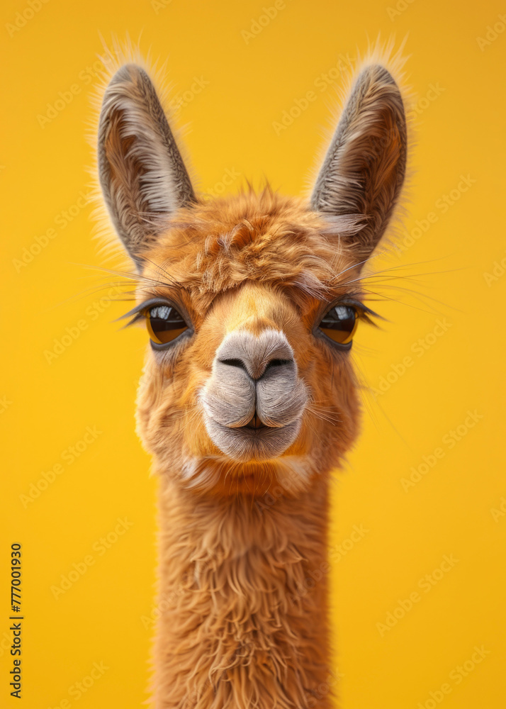 Front view of headshot of cute llama having brown fur, isolated yellow background