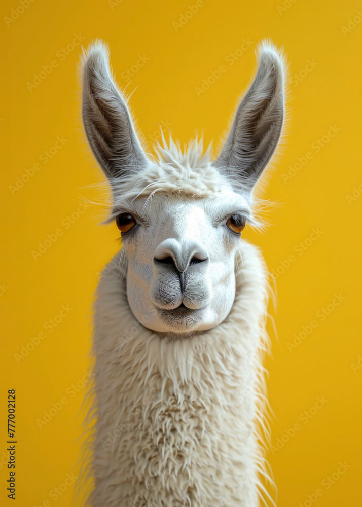 Front view of headshot of cute llama having white fur, isolated yellow background