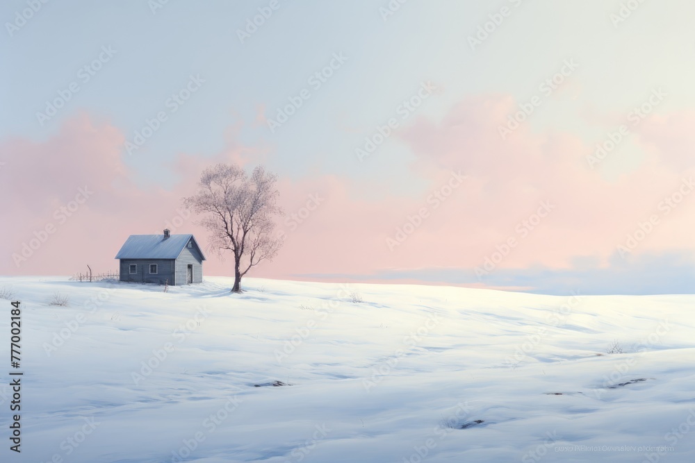 A snowy landscape background with a solitary cabin, wooden cabin in snow covered mountain meadow s , AI generate A snowy landscape background with a solitary cabin, wooden cabin in snow covered mountain meadow s , AI generate
