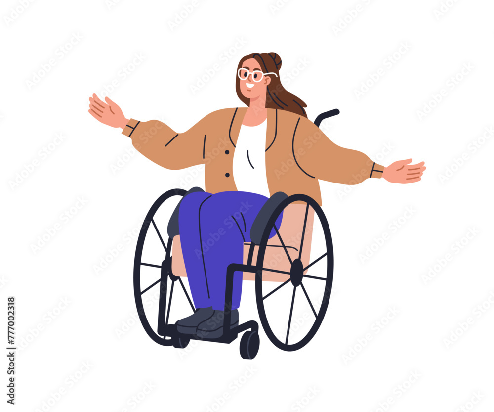 Happy young woman on wheelchair. Smiling joyful character with physical disability, sitting in wheel chair. Excited cheerful positive girl. Flat vector illustration isolated on white background - obrazy, fototapety, plakaty 