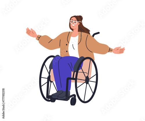 Happy young woman on wheelchair. Smiling joyful character with physical disability, sitting in wheel chair. Excited cheerful positive girl. Flat vector illustration isolated on white background