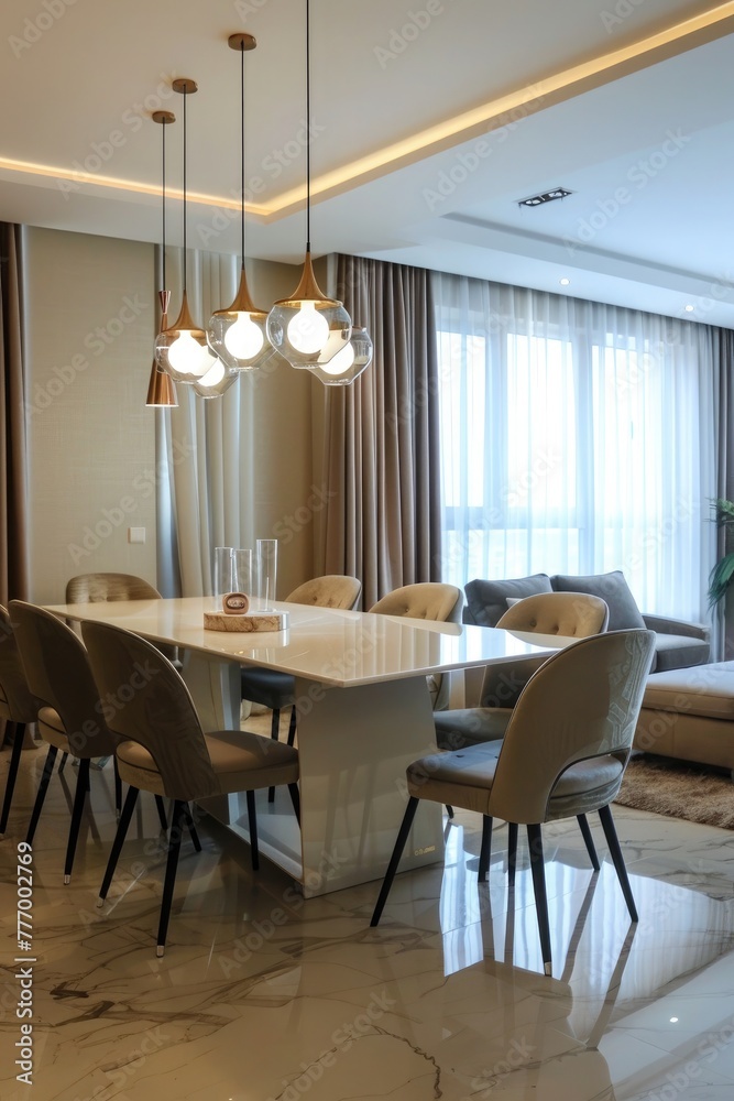 Elegant contemporary dining area in a luxury home with large windows, inviting natural light and tasteful decorations.