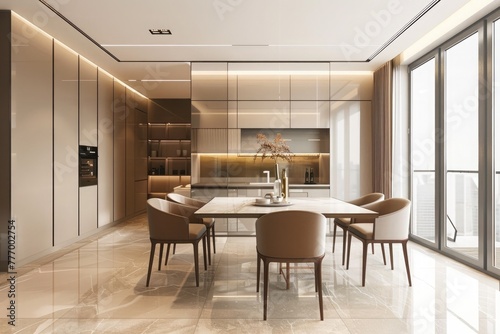 Elegant contemporary dining area in a luxury home with large windows  inviting natural light and tasteful decorations.
