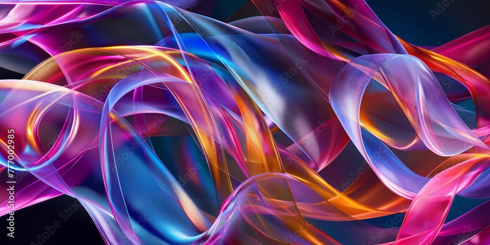 Ribbons of translucent material twist and intertwine, creating a graceful dance of colors in an abstract expression