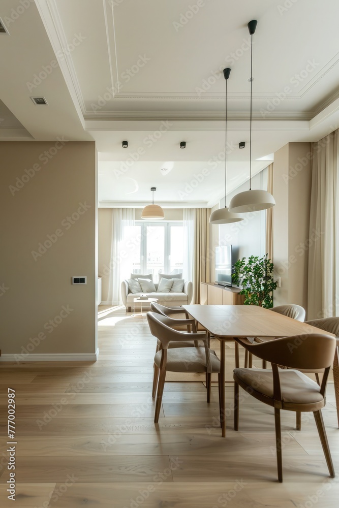 Fototapeta premium Elegant contemporary dining area in a luxury home with large windows, inviting natural light and tasteful decorations.