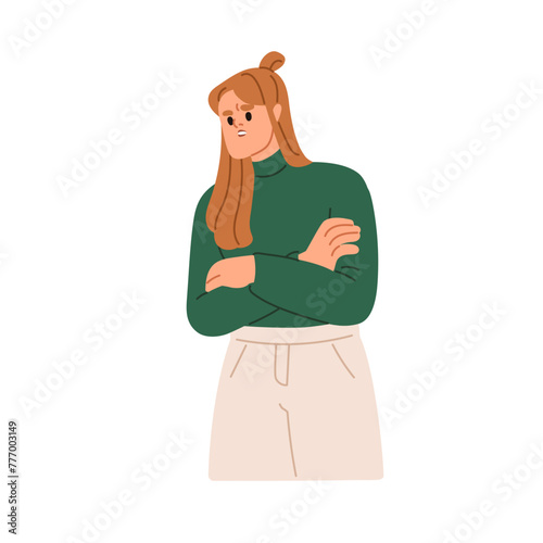 Doubting woman. Irritated disappointed female. Skeptical confused suspicious face expression. Sceptic person looking with doubtful emotion. Flat vector illustration isolated on white background