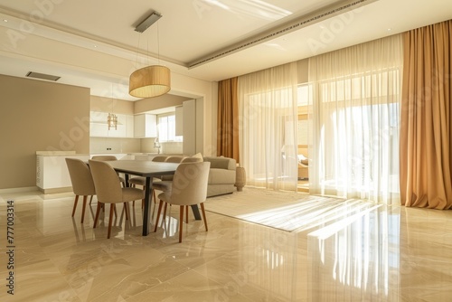 Elegant contemporary dining area in a luxury home with large windows  inviting natural light and tasteful decorations.