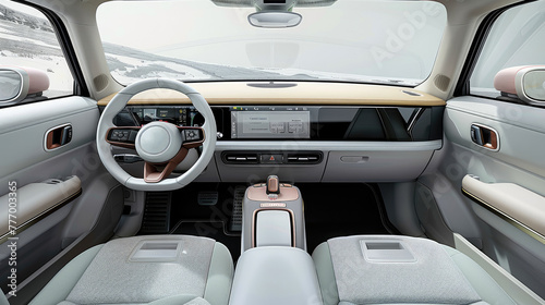 Mini car, car interior, simple interior design, streamlined design, electric car. Generative AI.
