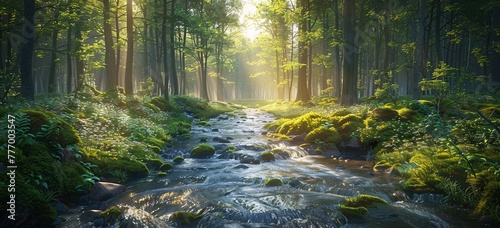 Serene Stream in a Forested Landscape Generative AI