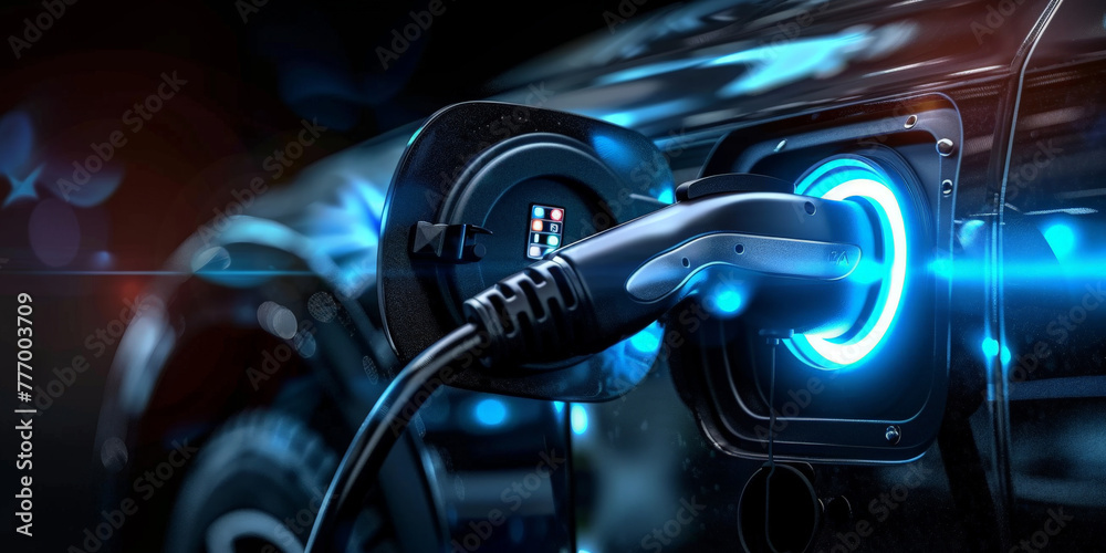 Fototapeta premium E - mobility, Electric vehicle charging, Electric car charging station, e-car charge point or electric vehicle supply equipment (EVSE) with information sign electric car public charging point station.