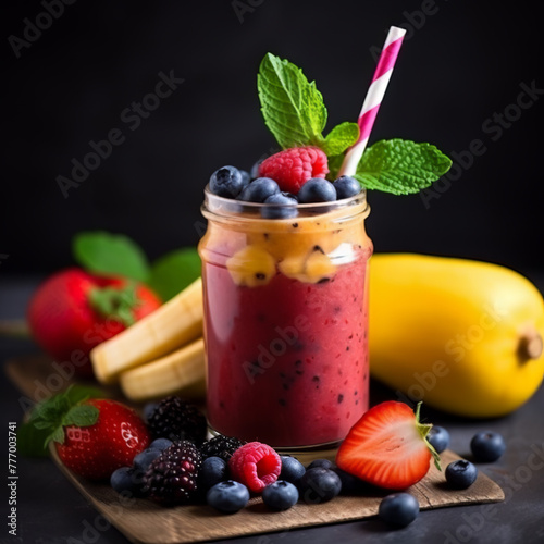 Berry Smoothie with Seasonal Fruits and Mint Garnish on Bright Surface
