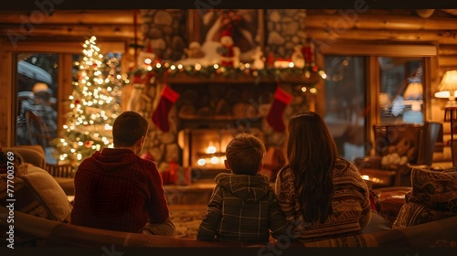 Holiday Traditions  Family Gathered Around a Fireplace Celebrating the Festive Season with Warmth and Joy