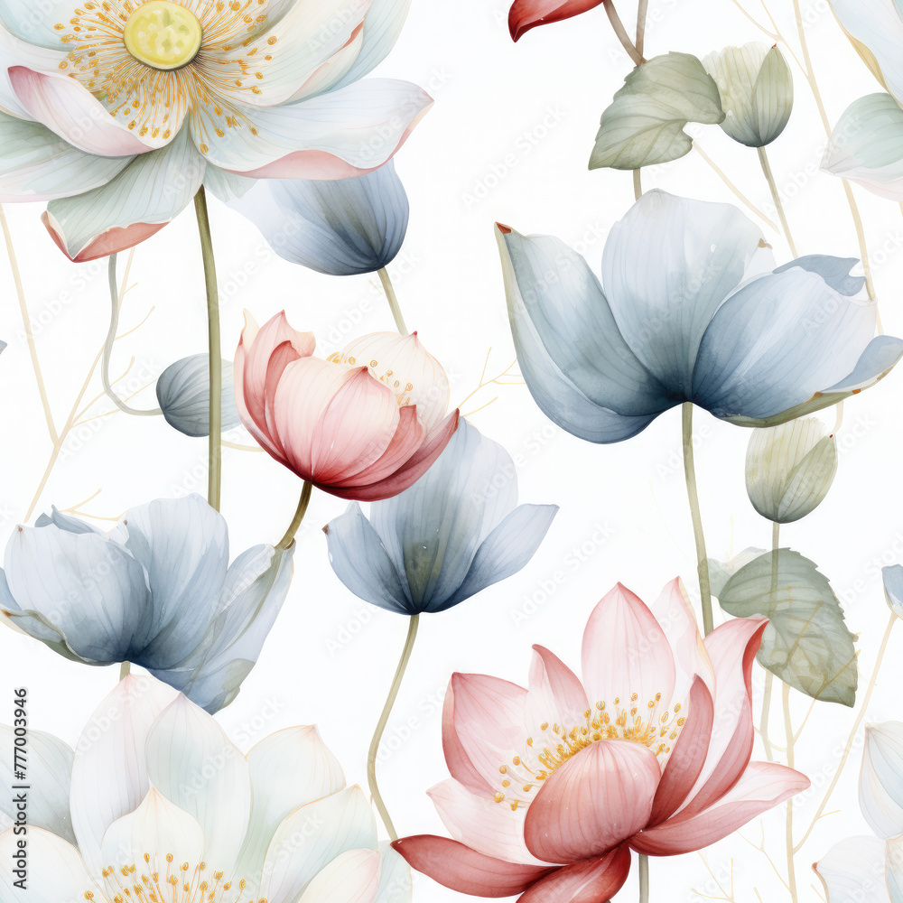 Fototapeta premium PatternNetz.29, minimalist, pastel, flowers, lotus, seamless, watercolor