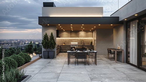 A spacious and modern rooftop terrace offering breathtaking views of the city below featuring a sleek outdoor kitchen and dining area. © Justlight