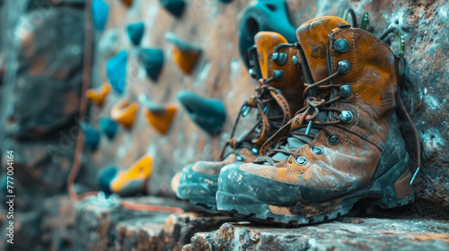 A pair of old, worn-out hiking boots resting on a rocky ledge with blurred climbing holds in the background