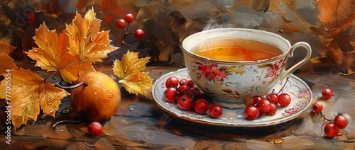 Autumnal Afternoon A Painting of a Cup of Tea, Berries, and Fall Leaves Generative AI