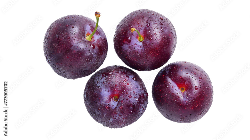 Damson plum in delicious food style, top view on transparent white background