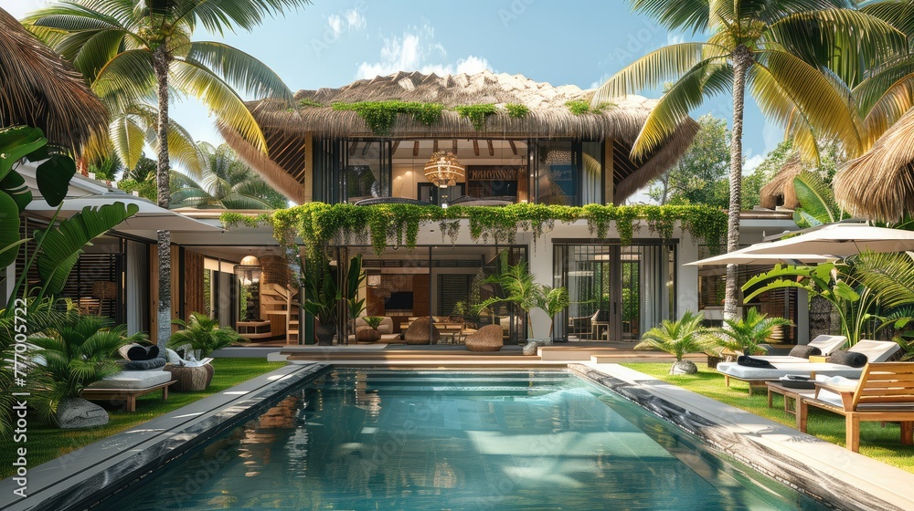 An eco-friendly thatched roof luxury villa with Palm trees surrounding, creating a lush tropical ambiance. Generative AI.