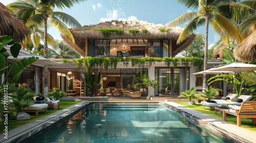 An eco-friendly thatched roof luxury villa with Palm trees surrounding, creating a lush tropical ambiance. Generative AI. © visoot
