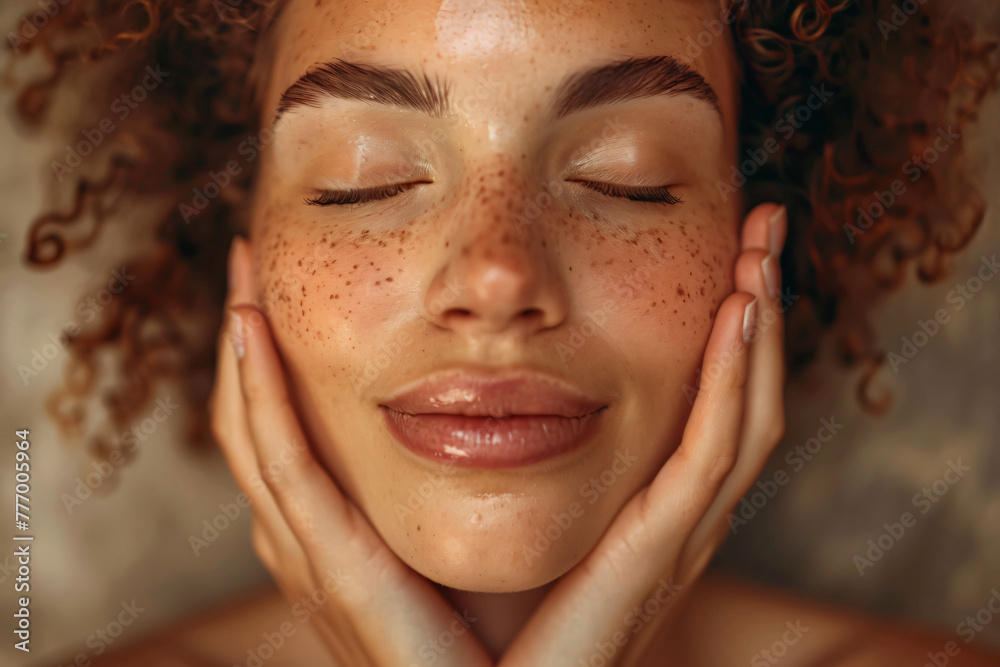 Close up portrait of a beautiful woman with closed eyes touching her neck and holding her hand on it. She has healthy skin in the style of a beauty studio setting over a grey background. Close up portrait of a beautiful woman with closed eyes touching her neck and holding her hand on it. She has healthy skin in the style of a beauty studio setting over a grey background.