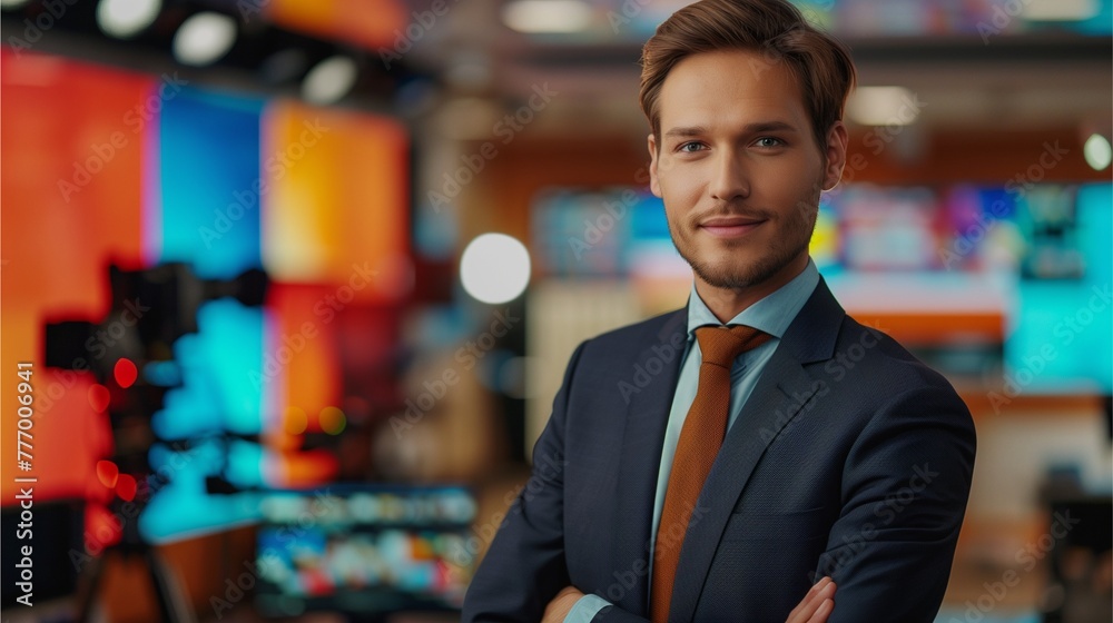 Photo of a handsome young news anchor from a famous TV channel. Live broadcast on television. who is confident, looks good and dignified, wears a suit in the studio Photo of a handsome young news anchor from a famous TV channel. Live broadcast on television. who is confident, looks good and dignified, wears a suit in the studio