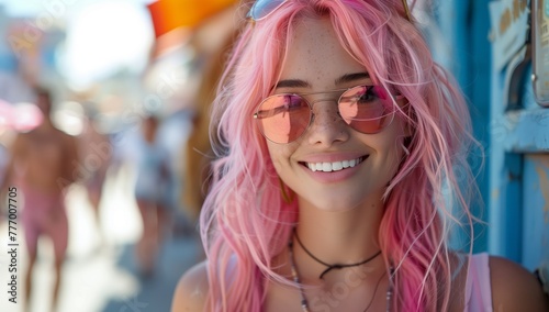 A woman with bright pink hair and stylish sunglasses is smiling happily for the camera, showcasing her perfect eyebrows and long eyelashes © RichWolf