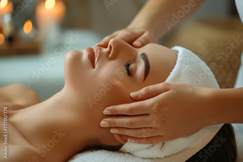 Beautiful woman having facial massage in spa salon  closeup photo of hands massaging face on table with closed eyes and dark hair lying down at luxury beauty center