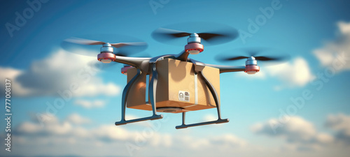 Wallpaper Mural A UAV drone flies against the sky above the city and delivers a brown postal package. Fast delivery service. Technology development. Logistics Torontodigital.ca
