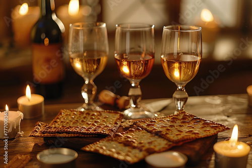 Festive dinner during the Jewish Passover. On the table are traditional matzah dishes  wine  candles. Passover Seder plate