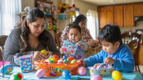 A family is sharing a fun cooking activity in the kitchen  decorating Easter eggs with their toddler. Its a mix of art and cuisine  creating lasting memories through food and creativity AIG42E