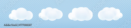 White 3D Cloud Set on a Transparent Background: Soft, Round, Cartoon Fluffy Clouds in Bubble Shape in a Blue Sky. Rounded Cumulus Mockup and Realistic Weather Forecast Symbols Vector Set.