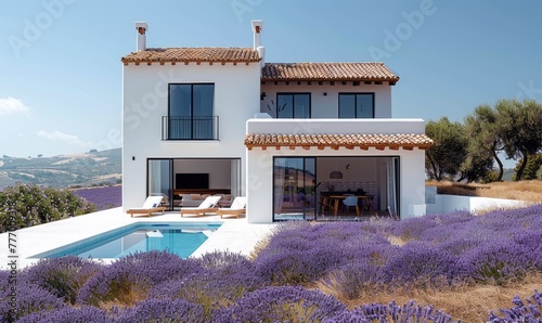 Romantic white villa with a swimming pool in a lavender field