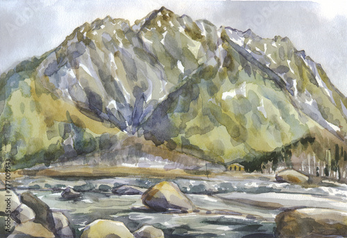 watercolor painting mountain landscape river nature