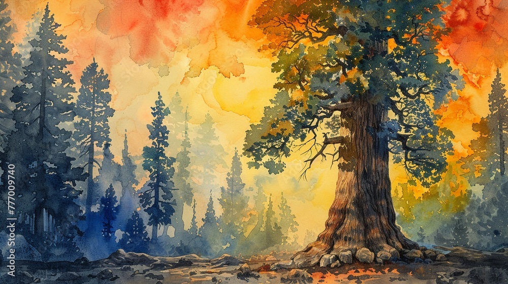 Watercolor a sequoia tree, with a vivid background that underscores the trees majestic stature, summerthemed