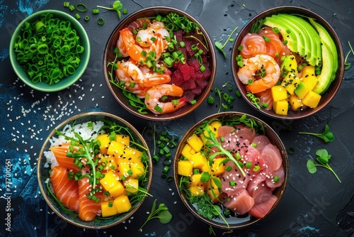 Hawaiian poke bowls with salmon  tuna  shrimp  and toppings. photo