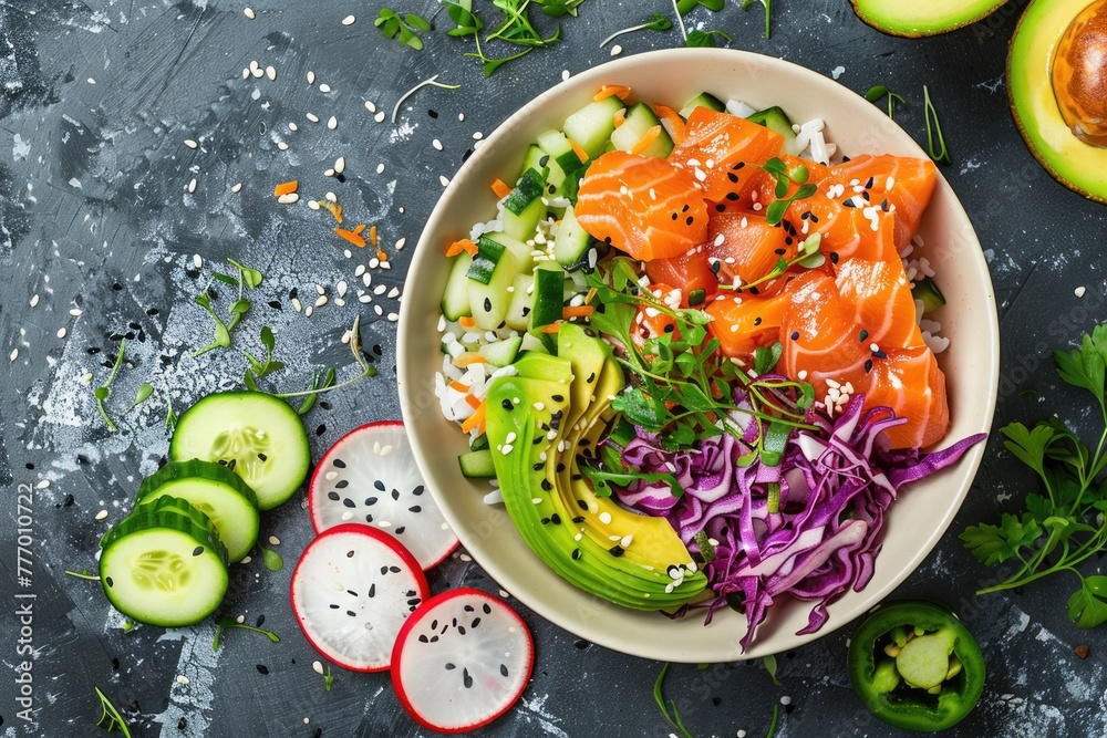 Colorful salmon poke bowl with avocado veggies and rice. Colorful salmon poke bowl with avocado veggies and rice.