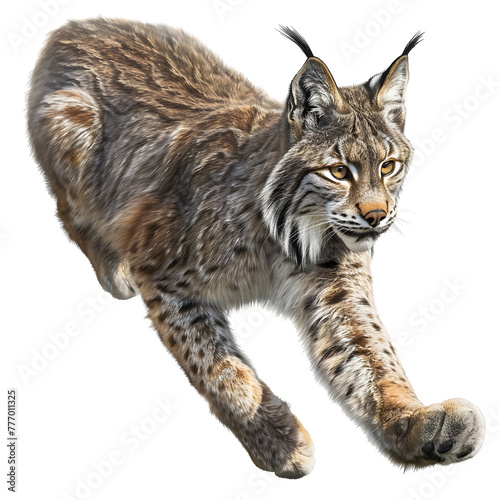 canadian lynx in motion isolated white background