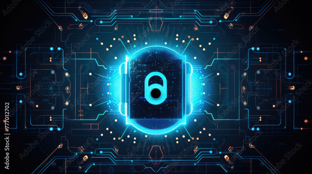 Cyber security, data, connection and personal information privacy concept with neon glow digital blue shield icon in microcircuit board circle, abstract dark background poster. 3D rendering, science. Cyber security, data, connection and personal information privacy concept with neon glow digital blue shield icon in microcircuit board circle, abstract dark background poster. 3D rendering, science.
