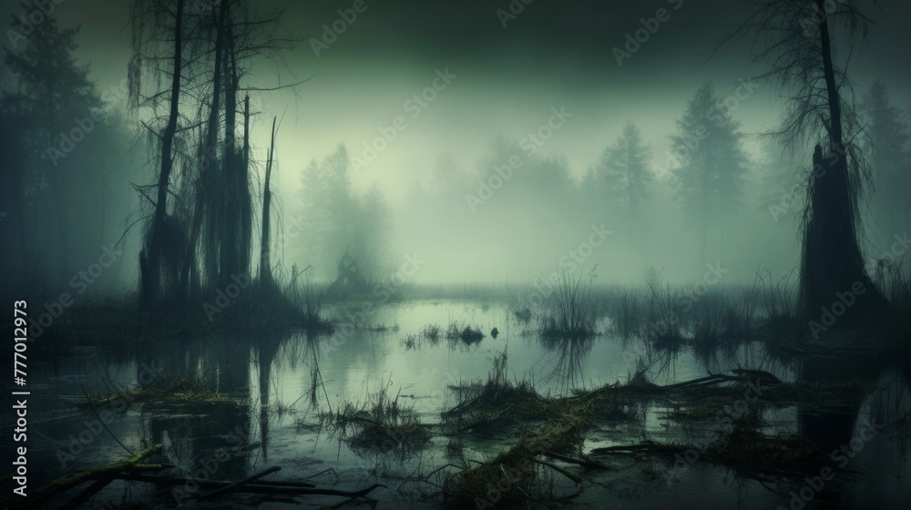 A misty swamp with bare trees and reflections on the water