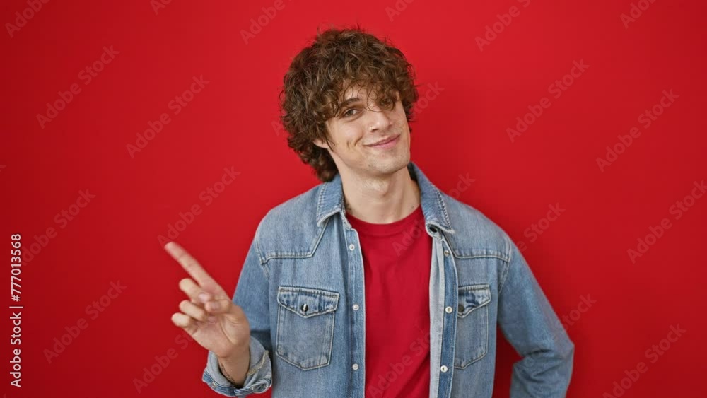 Casual young man with curly hair smiling against a red wall Casual young man with curly hair smiling against a red wall