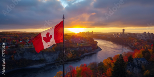 Canadian Flag at Sunset Over a River