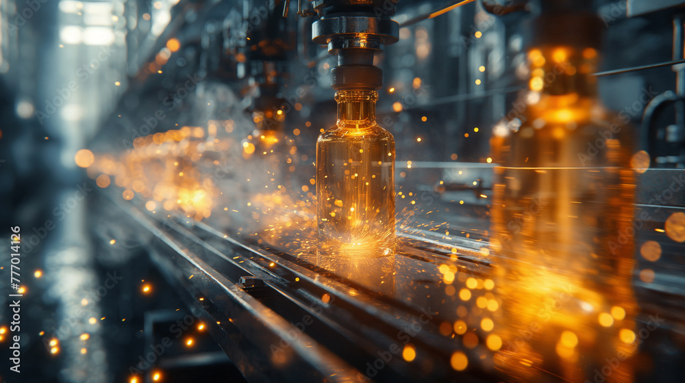 An automated glass blowing machine shaping molten glass into pharmaceutical bottles, with sparks flying and steam rising, showcasing the precision of modern manufacturing