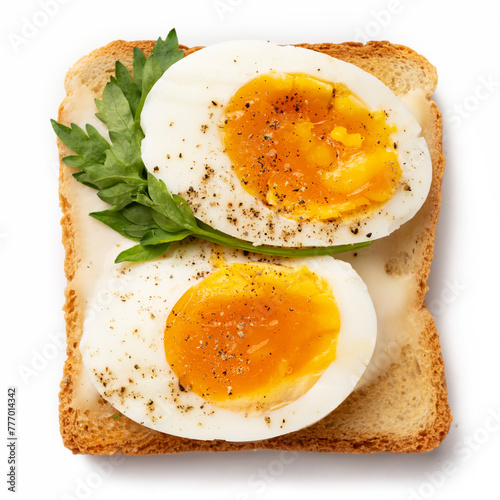 Toasts with boiled eggs and herbs, healthy eating