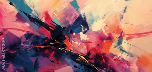 Vibrant abstract art piece featuring dynamic brush strokes and splatters
