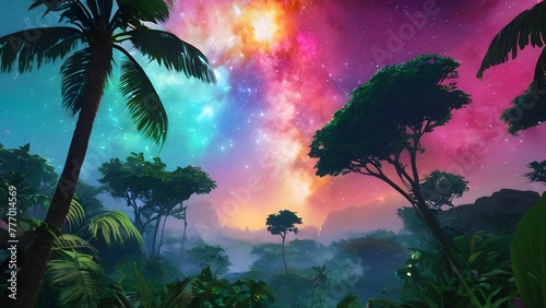 Tropical forest with star dust sky background scene