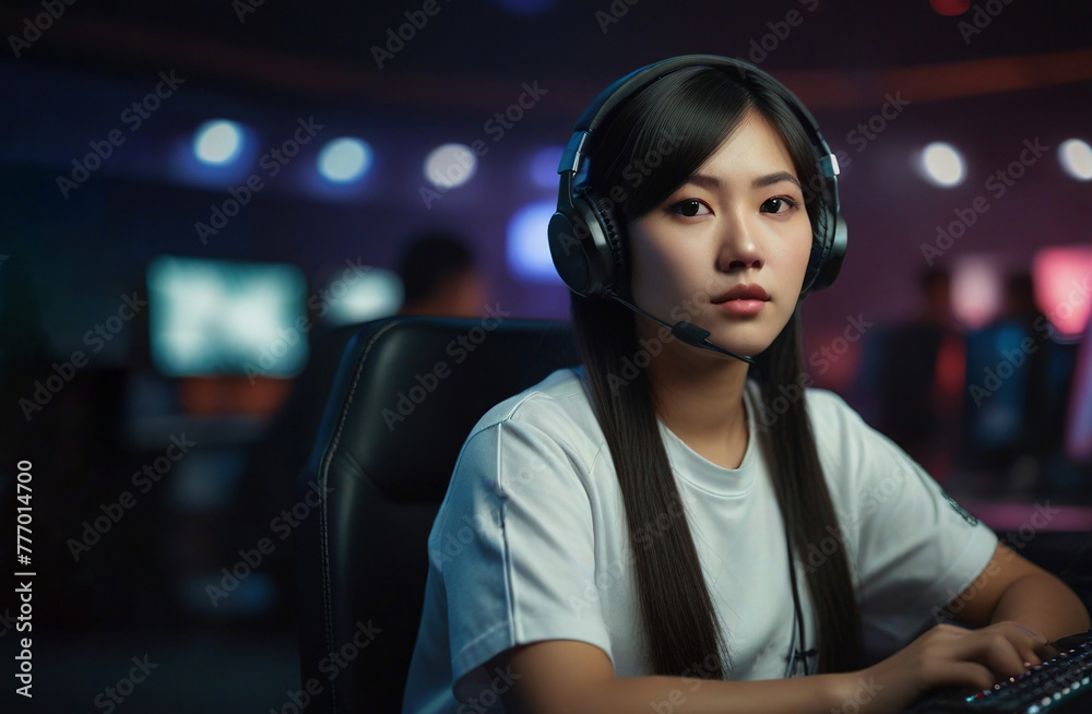 A young asian woman wearing a headset and looking at camera A young asian woman wearing a headset and looking at camera