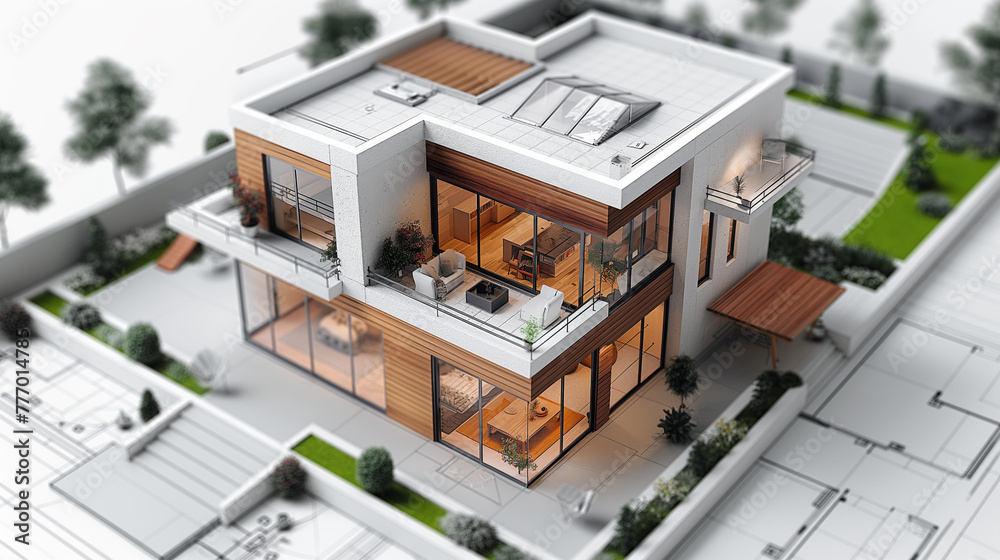 Modern house on an architectural blue print, copy space, 3d illustration, smart home, isometric, house layout and design Modern house on an architectural blue print, copy space, 3d illustration, smart home, isometric, house layout and design