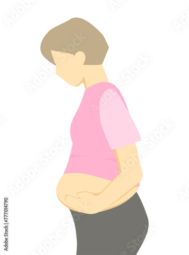 下腹が出ているのを気にする女性のイラスト