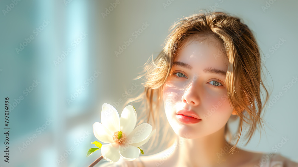 Tender portrait of young woman holding white magnolia flower, her delicate beauty highlighted by natural light, embodies skincare purity and the essence of botanical grace Tender portrait of young woman holding white magnolia flower, her delicate beauty highlighted by natural light, embodies skincare purity and the essence of botanical grace